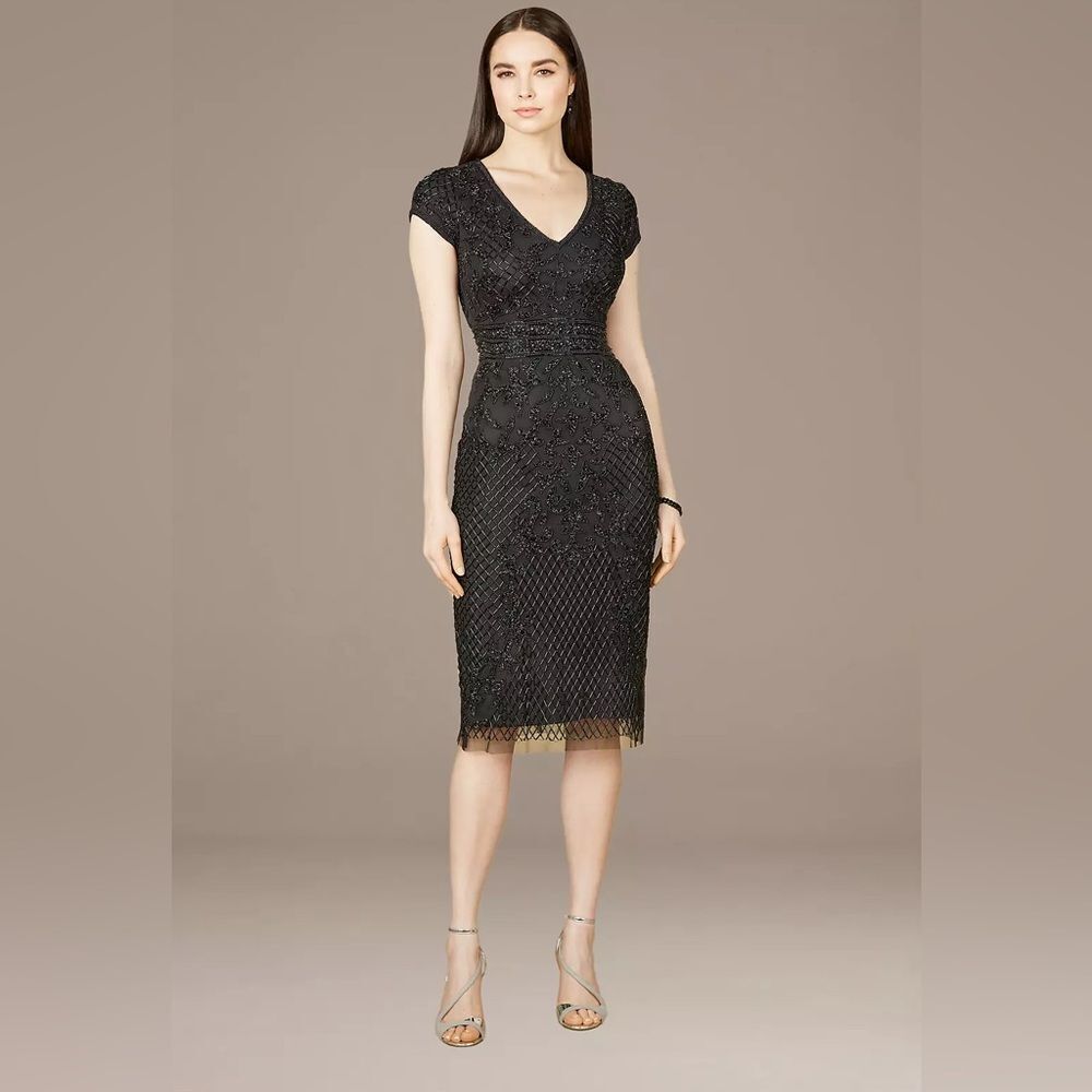 NWT LARA 29225 Black Size 4 Cap Sleeve Beaded Midi Dress - Picture 2 of 14